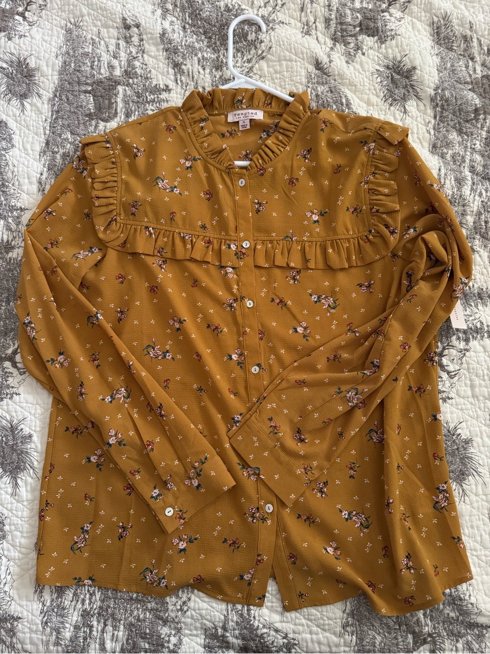 Tempted Mustard Floral Ruffle Button-Front Blouse